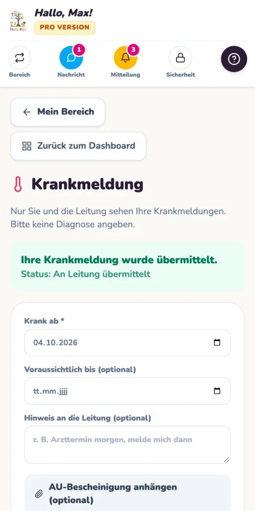 Originalausschnitt aus Hello Kita mit Testdaten: digitale Krankmeldung für Mitarbeiter.
